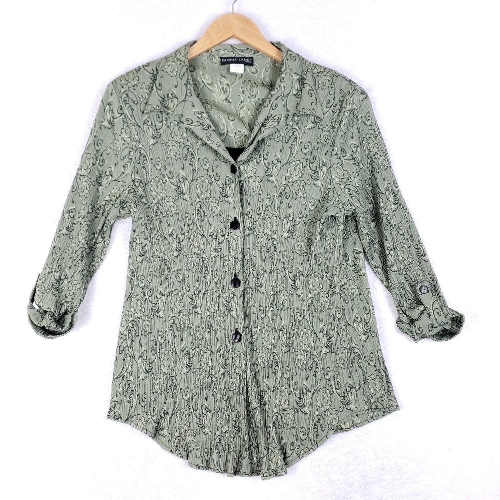 Gloria Lance Green Textured Blouse Tank Set 2X Button Front Career Top Soft Glam
